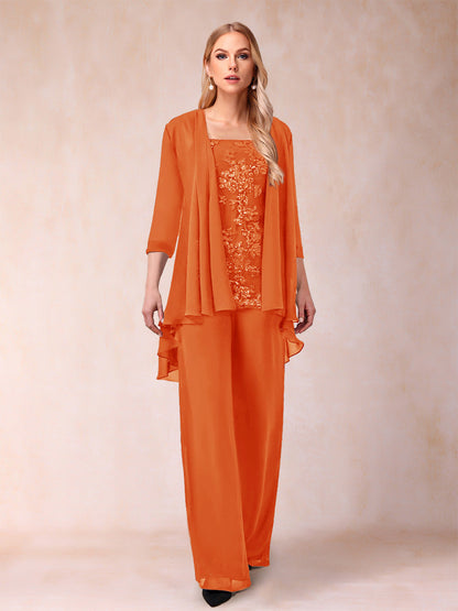 Chiffon Scoop 3/4 Sleeves 3 Pieces Pantsuits with Applique & Jacket