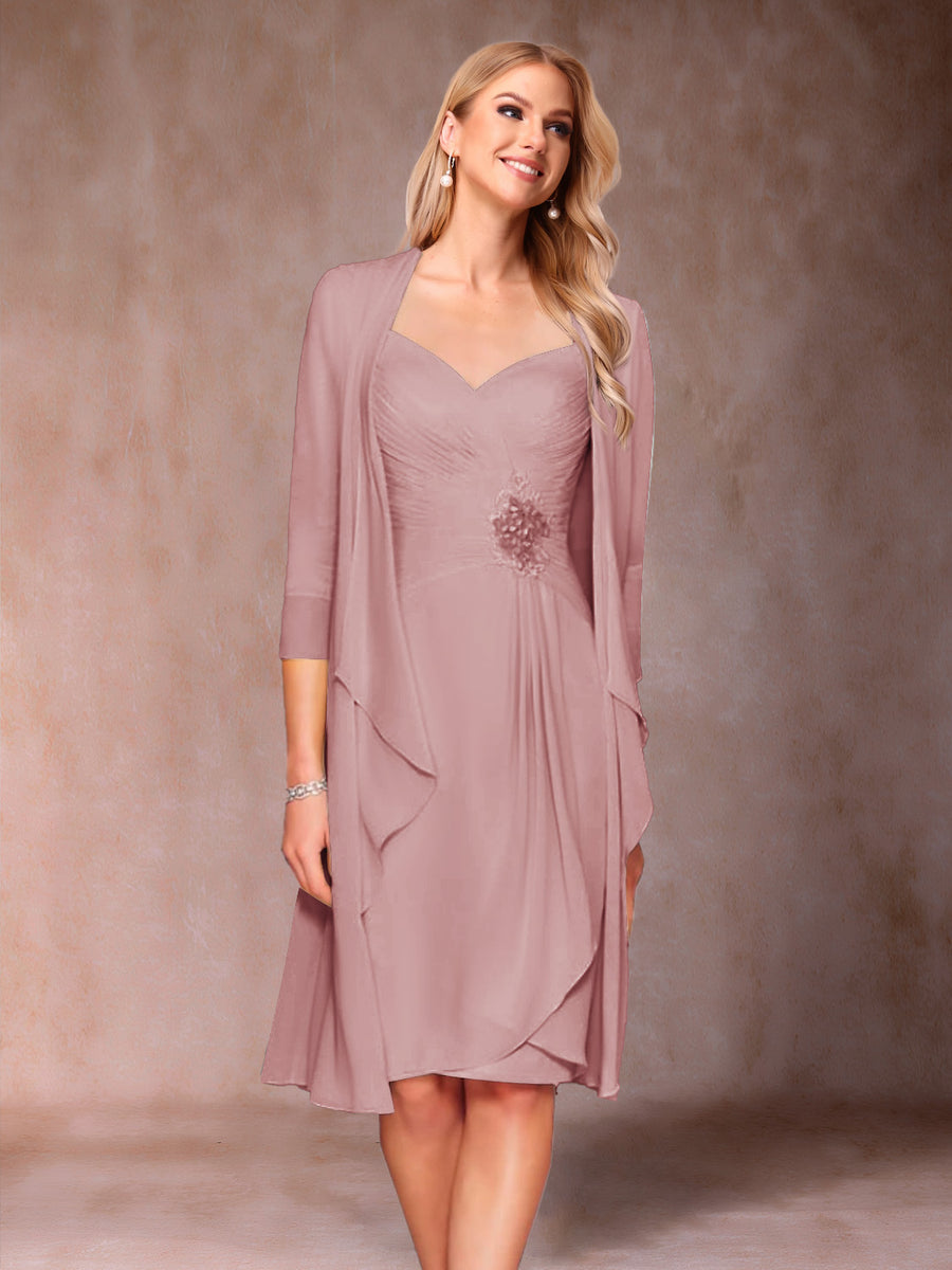 Sheath/Column V-Neck 3/4 Sleeves 2 Pieces Mother of the Bride Dresses with Ruched & Jacket