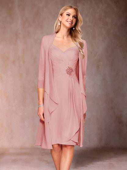 Sheath/Column V-Neck 3/4 Sleeves 2 Pieces Mother of the Bride Dresses with Ruched & Jacket