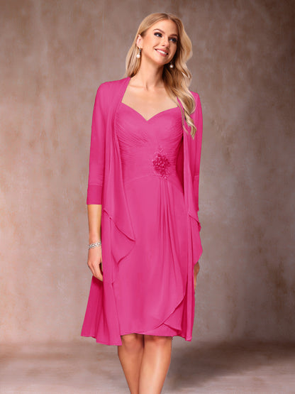 Sheath/Column V-Neck 3/4 Sleeves 2 Pieces Mother of the Bride Dresses with Ruched & Jacket