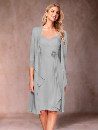 Sheath/Column V-Neck 3/4 Sleeves 2 Pieces Mother of the Bride Dresses with Ruched & Jacket