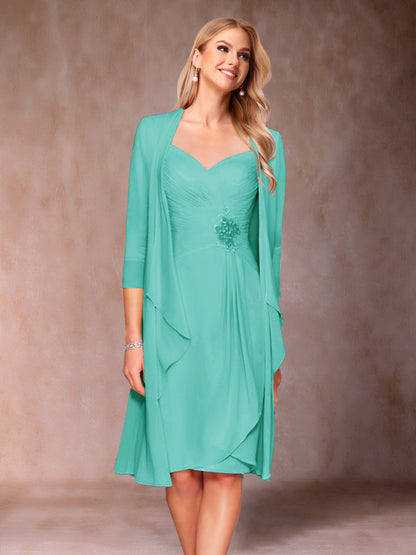 Sheath/Column V-Neck 3/4 Sleeves 2 Pieces Mother of the Bride Dresses with Ruched & Jacket