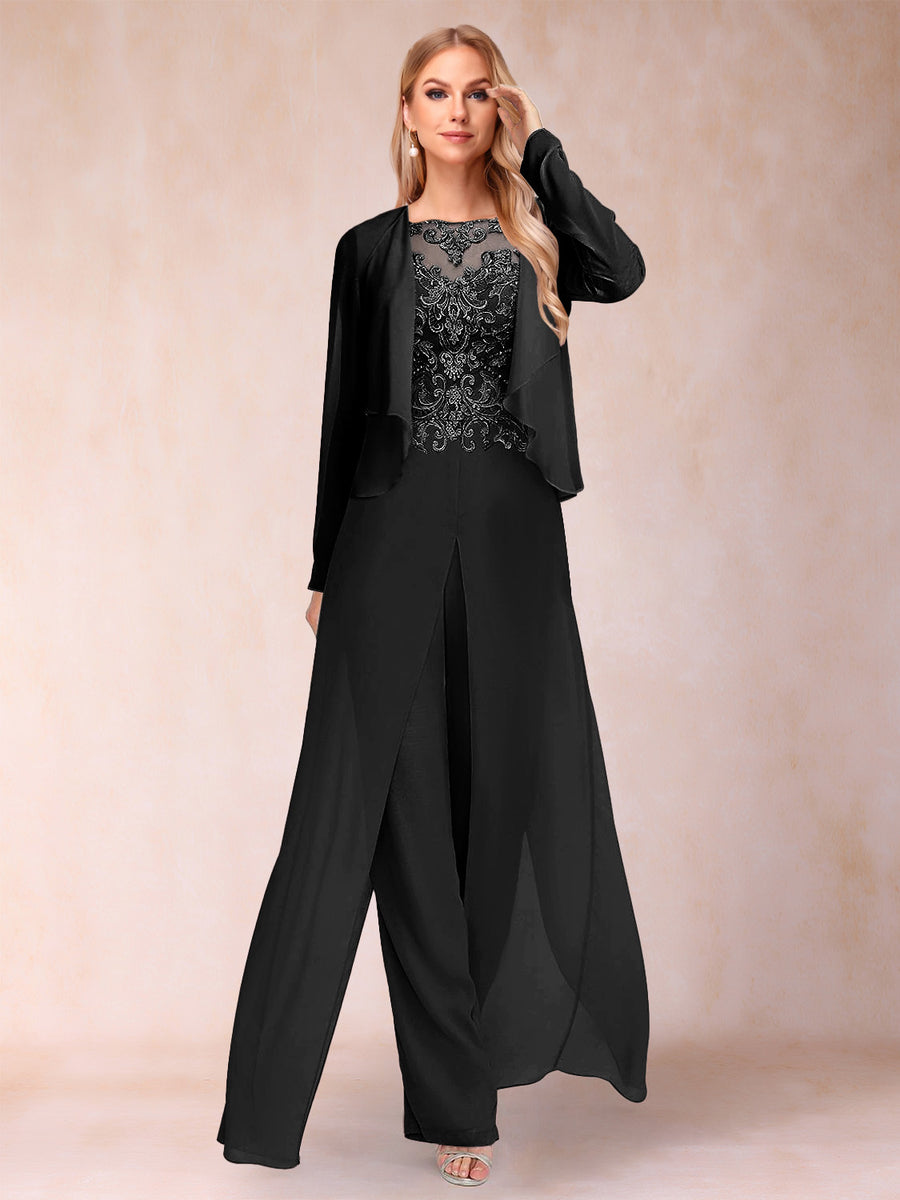 Sheath/Column Scoop Long Sleeves 2 Pieces Pantsuits with Applique & Jacket
