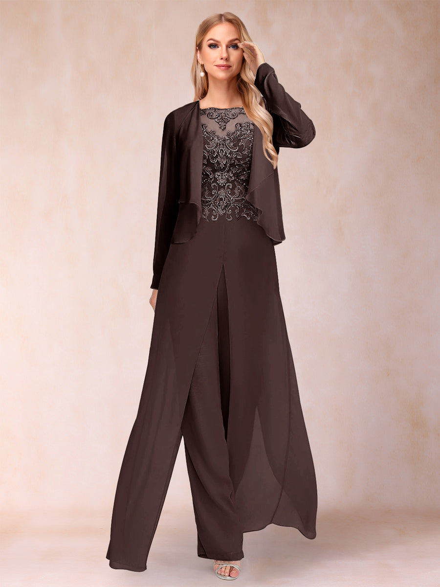 Sheath/Column Scoop Long Sleeves 2 Pieces Pantsuits with Applique & Jacket