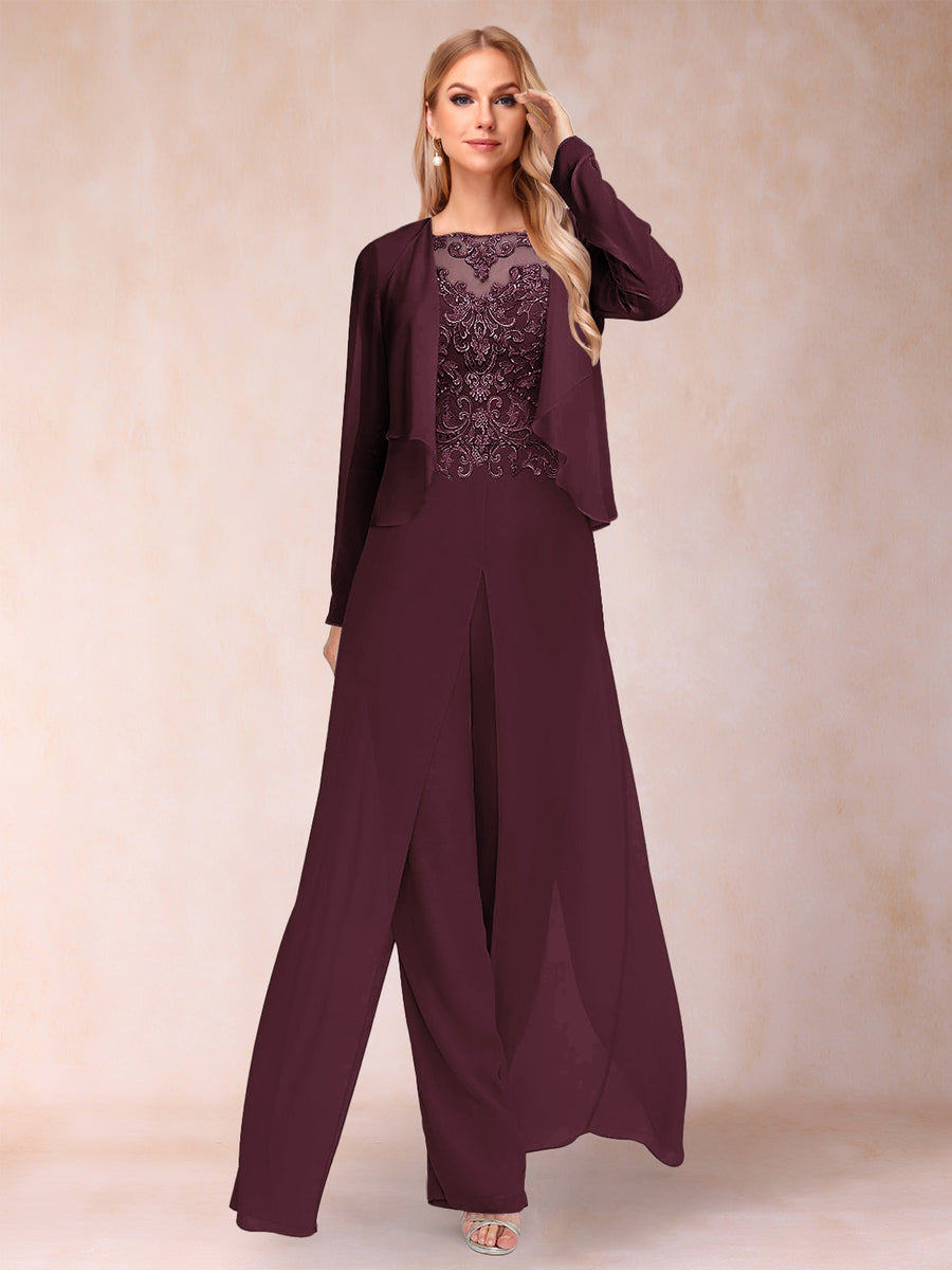 Sheath/Column Scoop Long Sleeves 2 Pieces Pantsuits with Applique & Jacket