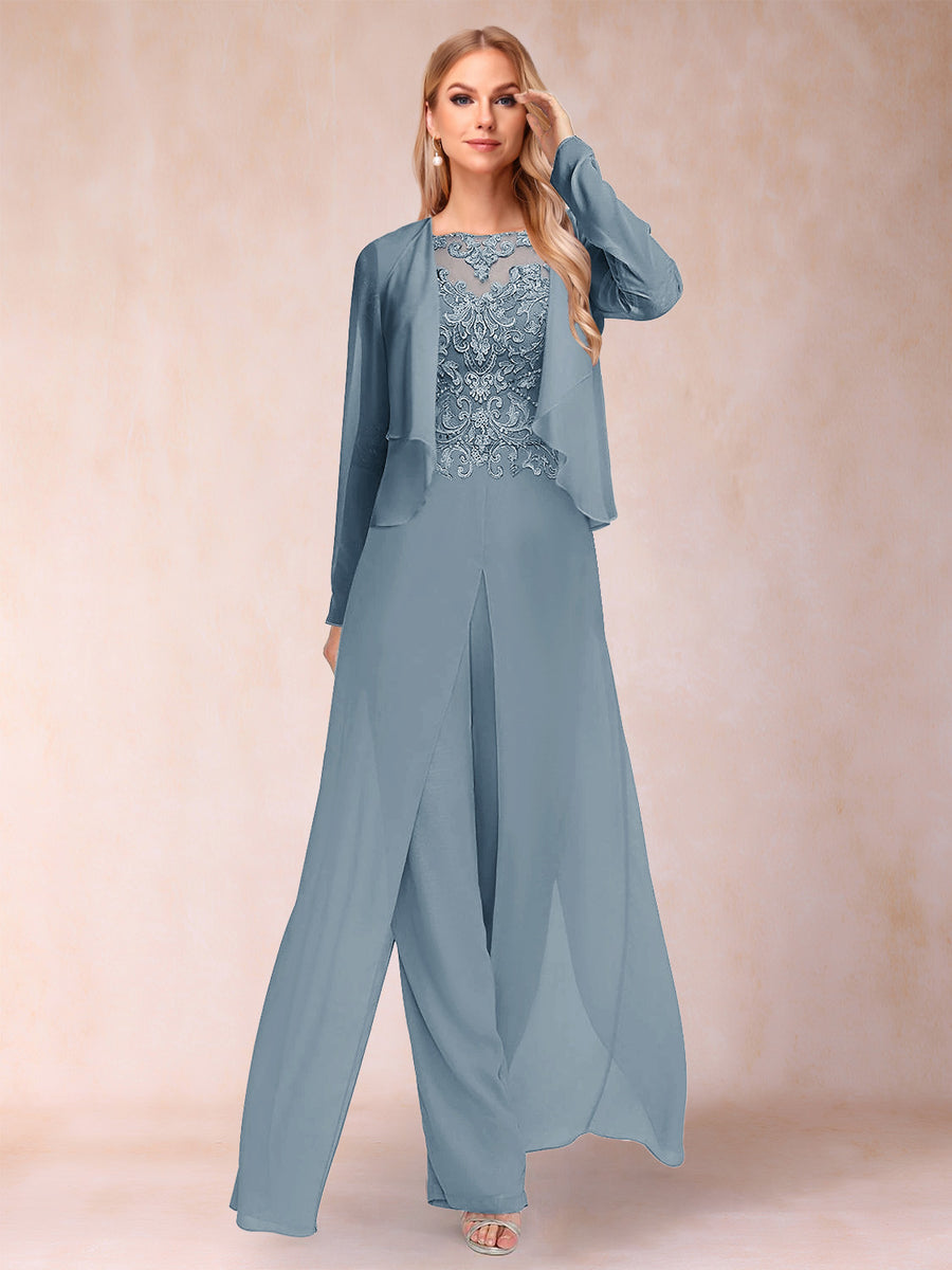 Sheath/Column Scoop Long Sleeves 2 Pieces Pantsuits with Applique & Jacket