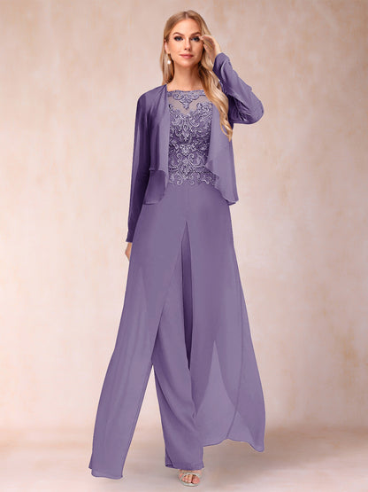 Sheath/Column Scoop Long Sleeves 2 Pieces Pantsuits with Applique & Jacket