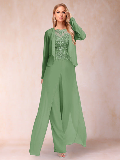 Sheath/Column Scoop Long Sleeves 2 Pieces Pantsuits with Applique & Jacket