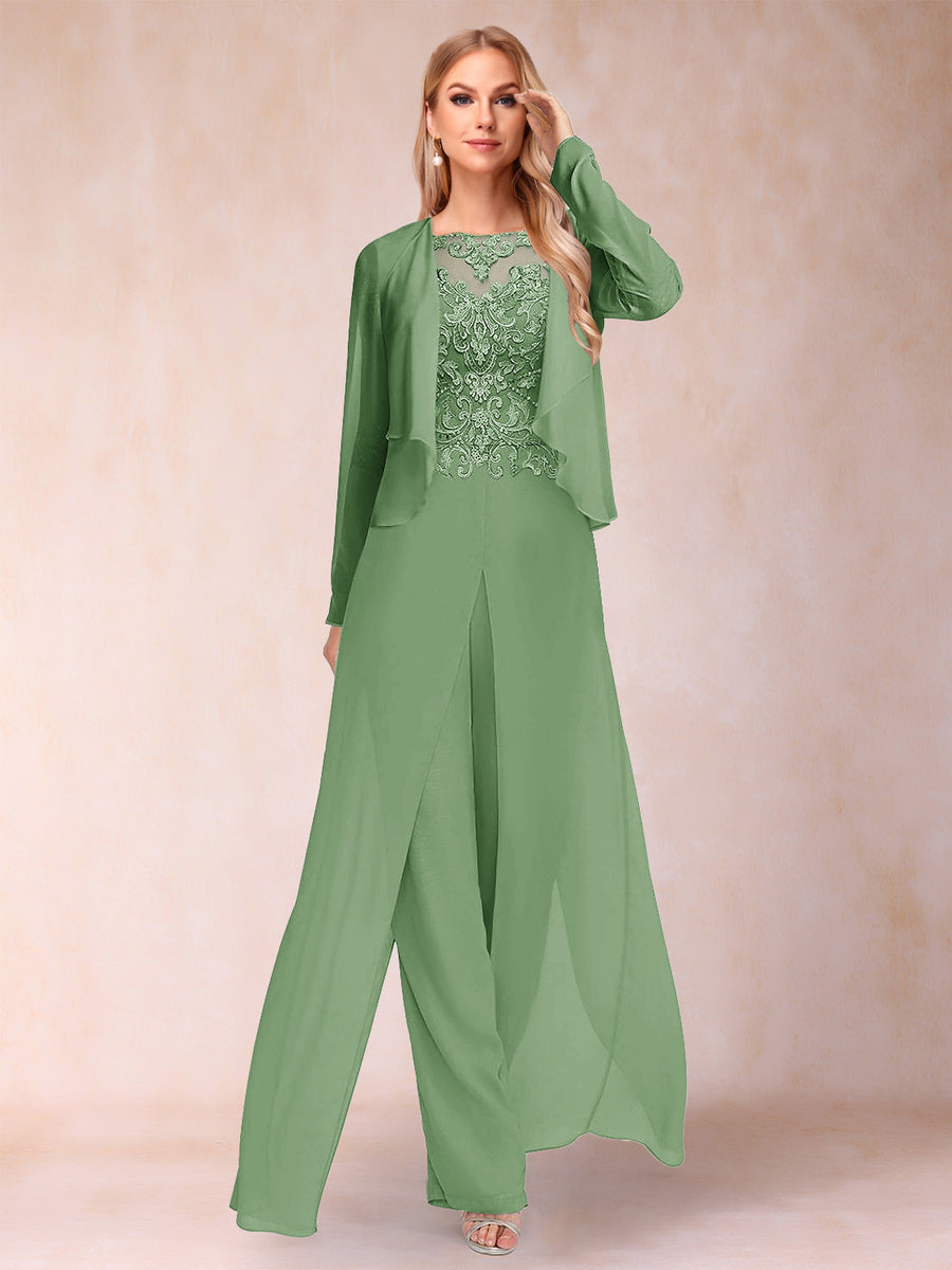 Sheath/Column Scoop Long Sleeves 2 Pieces Pantsuits with Applique & Jacket