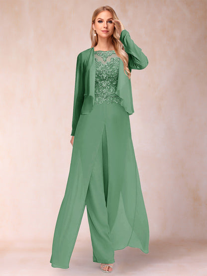 Sheath/Column Scoop Long Sleeves 2 Pieces Pantsuits with Applique & Jacket