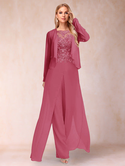 Sheath/Column Scoop Long Sleeves 2 Pieces Pantsuits with Applique & Jacket