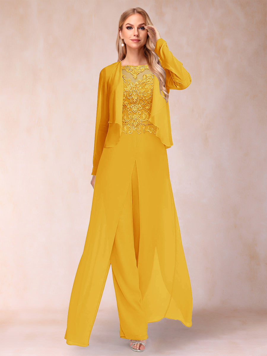 Sheath/Column Scoop Long Sleeves 2 Pieces Pantsuits with Applique & Jacket