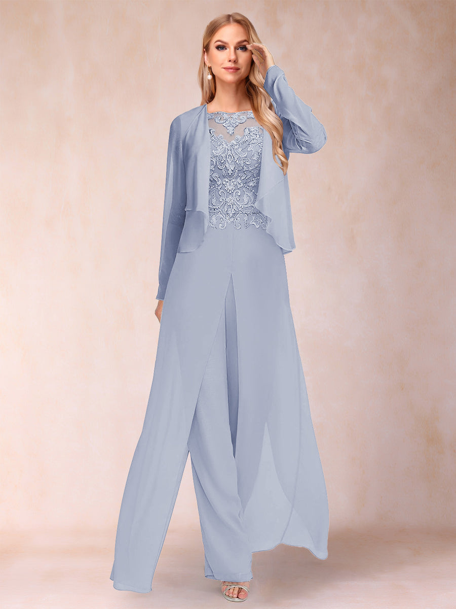 Sheath/Column Scoop Long Sleeves 2 Pieces Pantsuits with Applique & Jacket