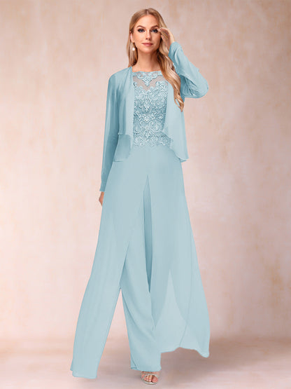 Sheath/Column Scoop Long Sleeves 2 Pieces Pantsuits with Applique & Jacket