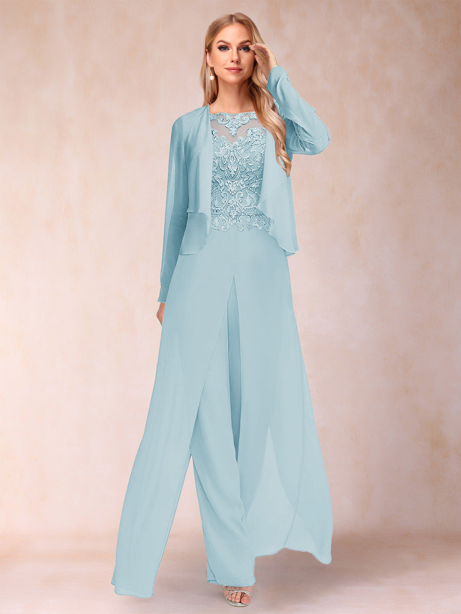 Sheath/Column Scoop Long Sleeves 2 Pieces Pantsuits with Applique & Jacket