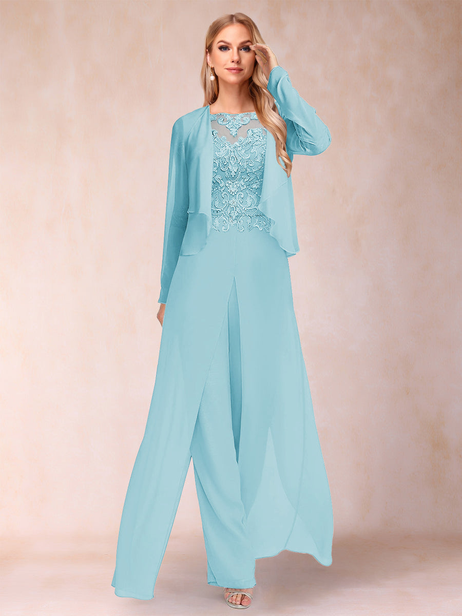 Sheath/Column Scoop Long Sleeves 2 Pieces Pantsuits with Applique & Jacket