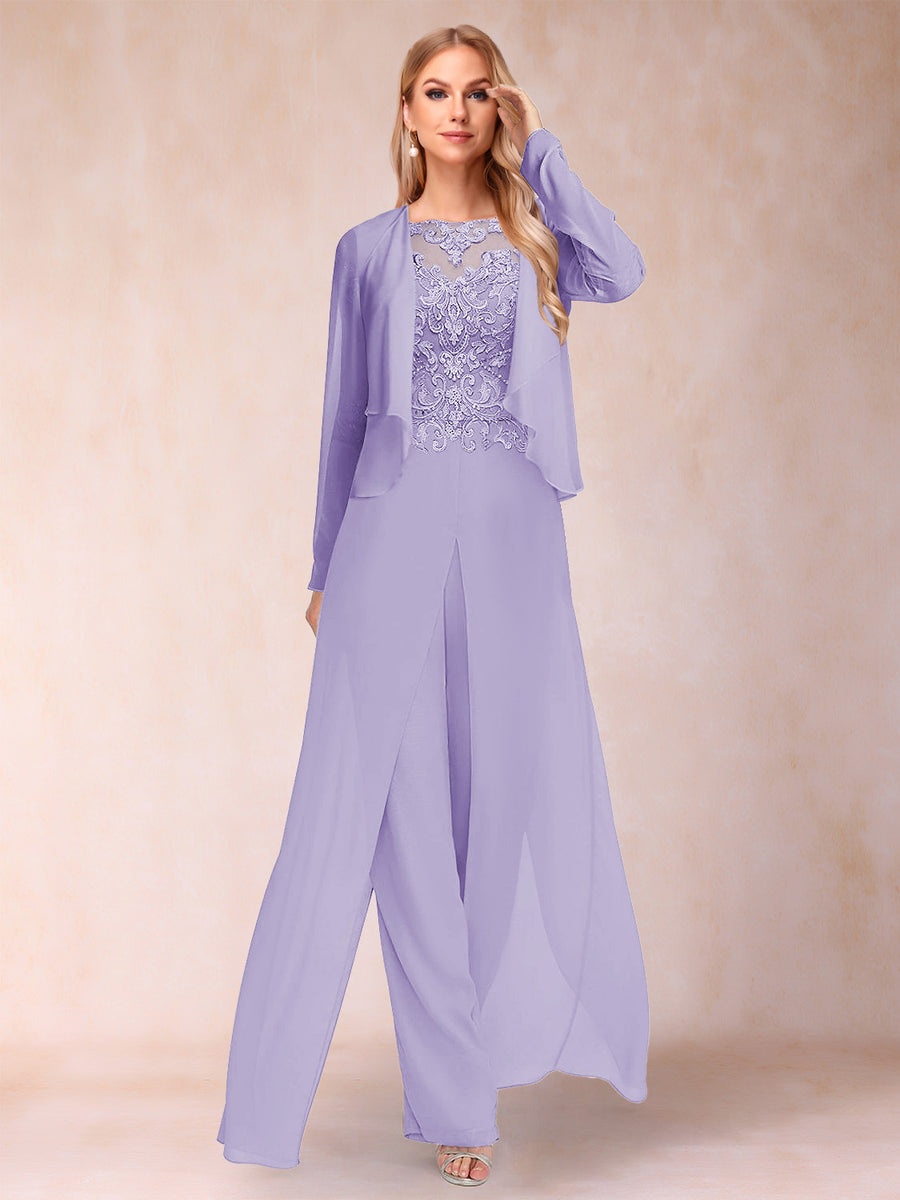 Sheath/Column Scoop Long Sleeves 2 Pieces Pantsuits with Applique & Jacket