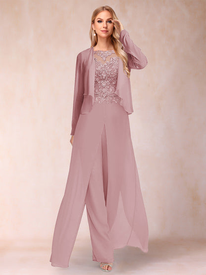 Sheath/Column Scoop Long Sleeves 2 Pieces Pantsuits with Applique & Jacket