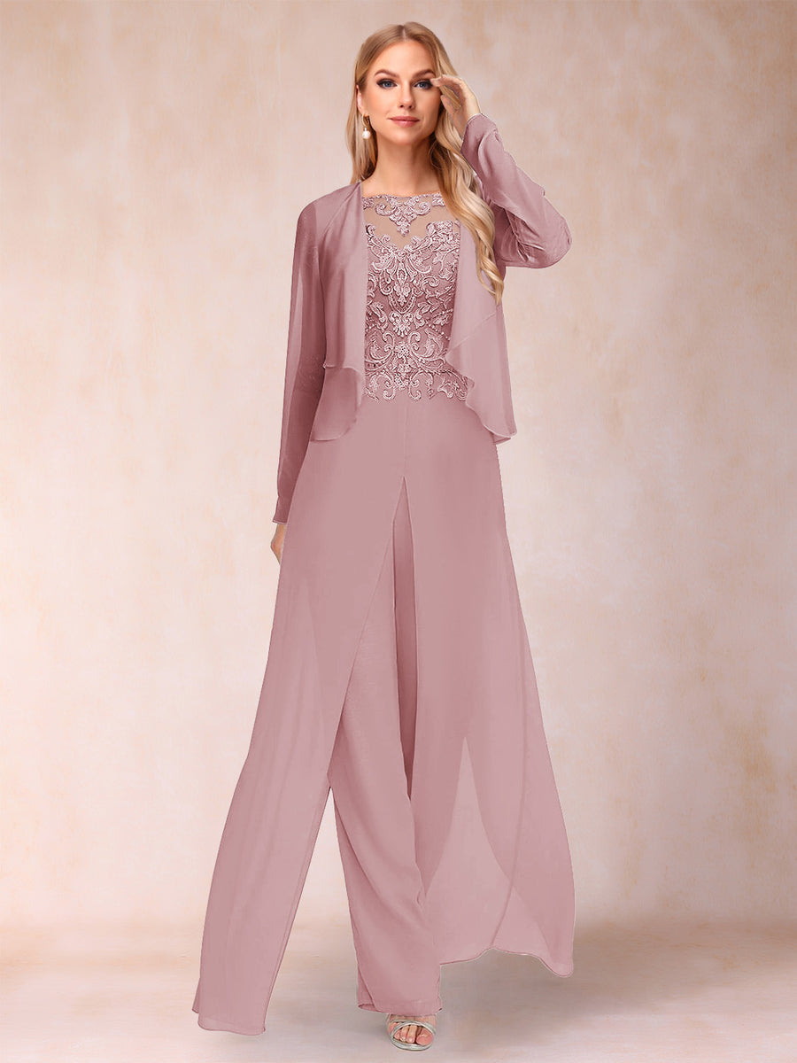 Sheath/Column Scoop Long Sleeves 2 Pieces Pantsuits with Applique & Jacket