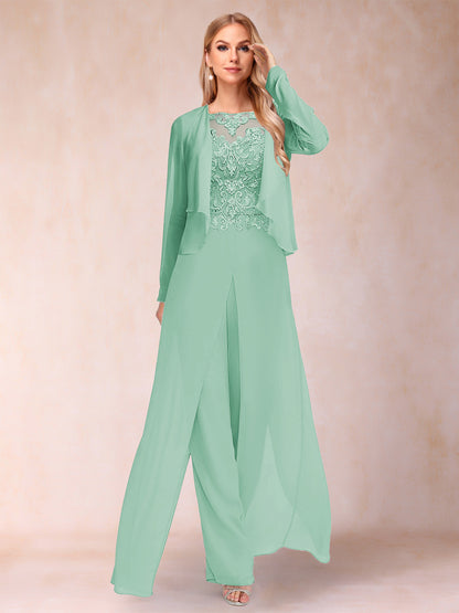 Sheath/Column Scoop Long Sleeves 2 Pieces Pantsuits with Applique & Jacket