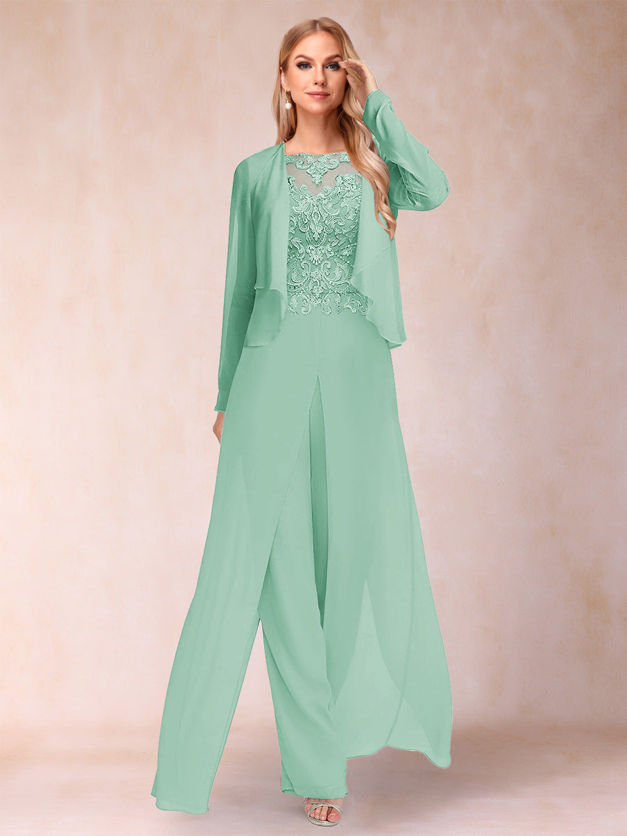 Sheath/Column Scoop Long Sleeves 2 Pieces Pantsuits with Applique & Jacket