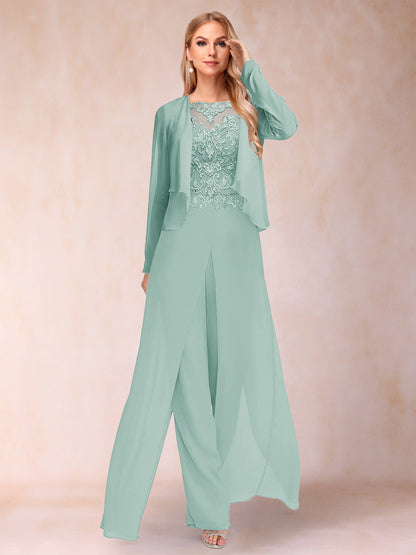 Sheath/Column Scoop Long Sleeves 2 Pieces Pantsuits with Applique & Jacket