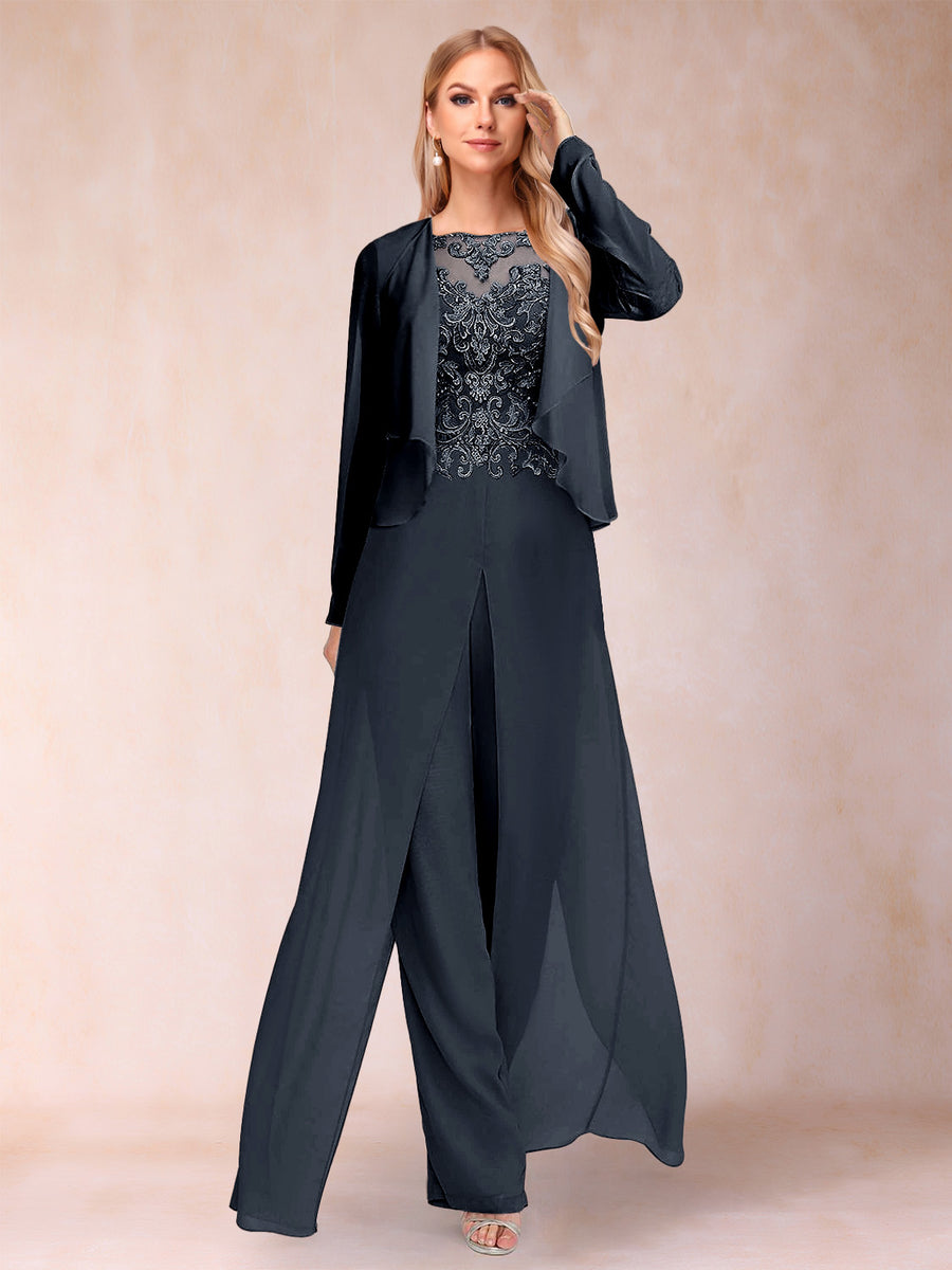 Sheath/Column Scoop Long Sleeves 2 Pieces Pantsuits with Applique & Jacket