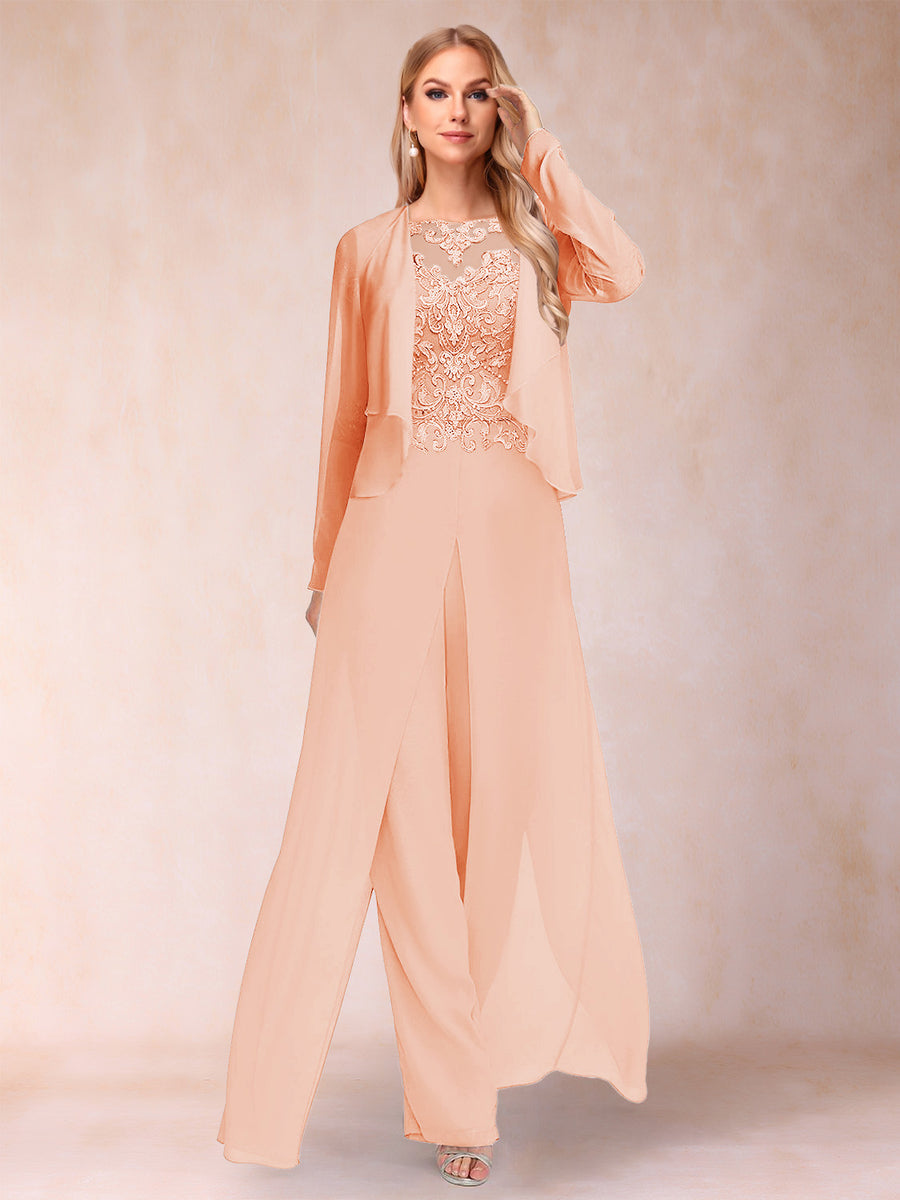 Sheath/Column Scoop Long Sleeves 2 Pieces Pantsuits with Applique & Jacket