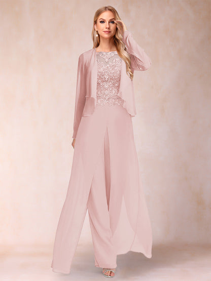 Sheath/Column Scoop Long Sleeves 2 Pieces Pantsuits with Applique & Jacket