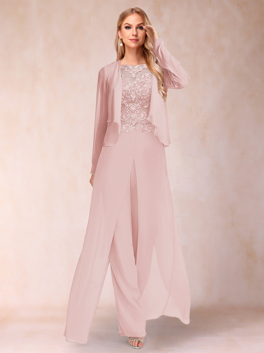 Sheath/Column Scoop Long Sleeves 2 Pieces Pantsuits with Applique & Jacket