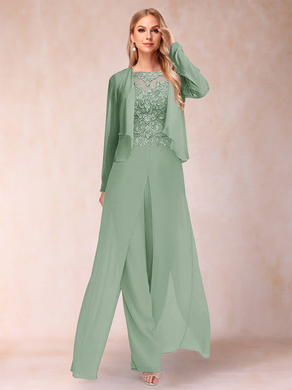 Sheath/Column Scoop Long Sleeves 2 Pieces Pantsuits with Applique & Jacket