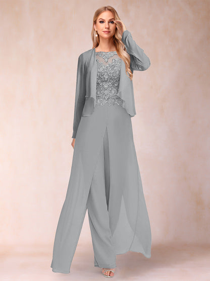 Sheath/Column Scoop Long Sleeves 2 Pieces Pantsuits with Applique & Jacket