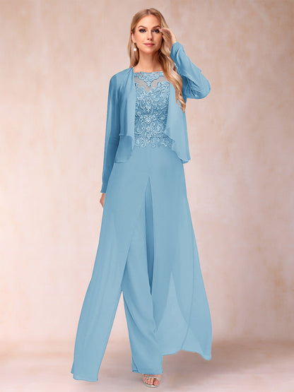 Sheath/Column Scoop Long Sleeves 2 Pieces Pantsuits with Applique & Jacket