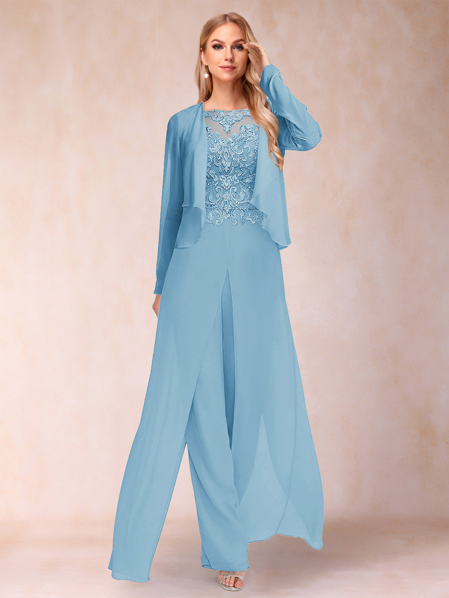 Sheath/Column Scoop Long Sleeves 2 Pieces Pantsuits with Applique & Jacket