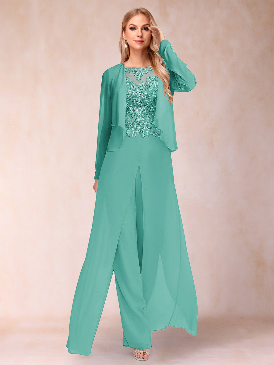 Sheath/Column Scoop Long Sleeves 2 Pieces Pantsuits with Applique & Jacket