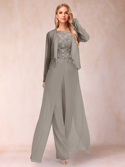 Sheath/Column Scoop Long Sleeves 2 Pieces Pantsuits with Applique & Jacket