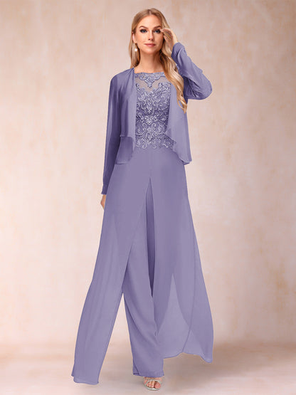 Sheath/Column Scoop Long Sleeves 2 Pieces Pantsuits with Applique & Jacket