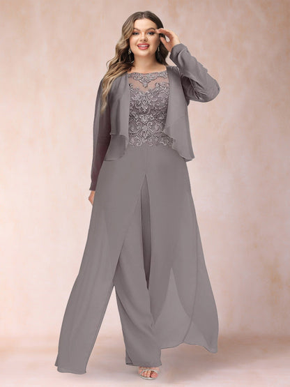 Sheath/Column Scoop Long Sleeves Plus Size 2 Pieces  Pantsuits with Applique & Jacket