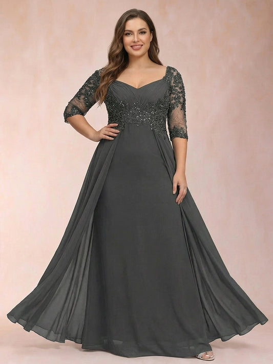 Sheath/Column V-Neck Half Sleeves Plus Size Mother of the Bride Dresses with Applique