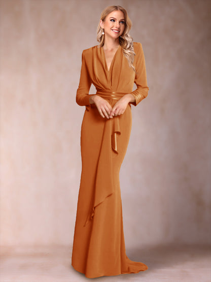 Trumpet/Mermaid V-Neck Long Sleeves Mother of the Bride Dresses with Ruffles
