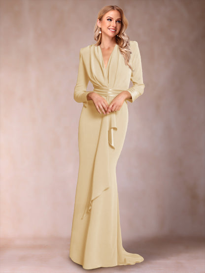 Trumpet/Mermaid V-Neck Long Sleeves Mother of the Bride Dresses with Ruffles