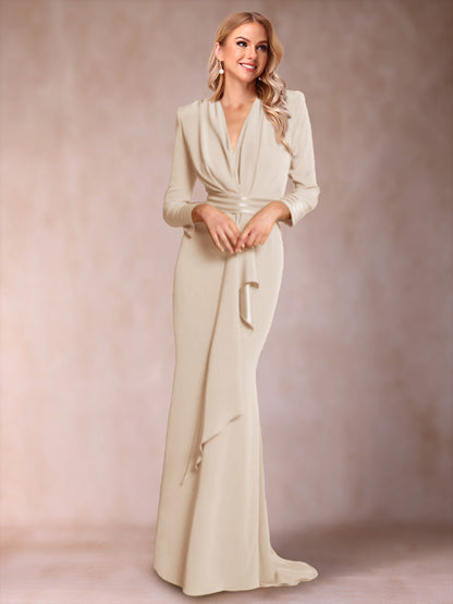 Trumpet/Mermaid V-Neck Long Sleeves Mother of the Bride Dresses with Ruffles