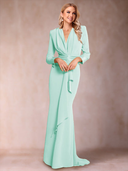 Trumpet/Mermaid V-Neck Long Sleeves Mother of the Bride Dresses with Ruffles