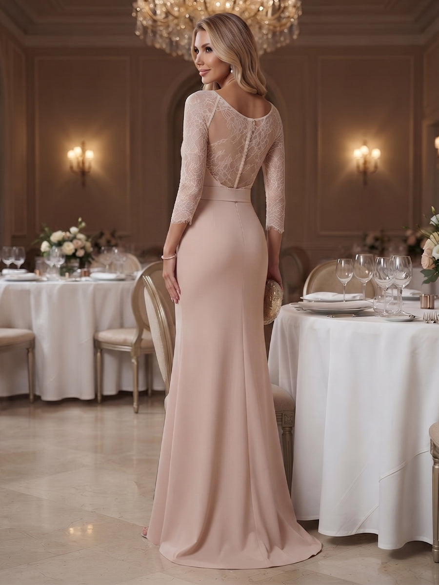 Trumpet/Mermaid Scoop 3/4 Sleeves Satin Floor-Length Formal Dresses with Belt