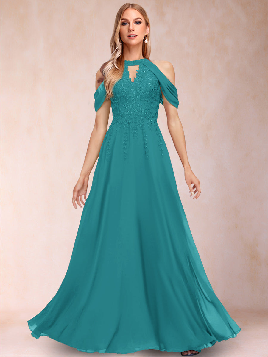 A-Line/Princess Cold Shoulder Short Sleeves Mother of the Bride Dresses with Applique