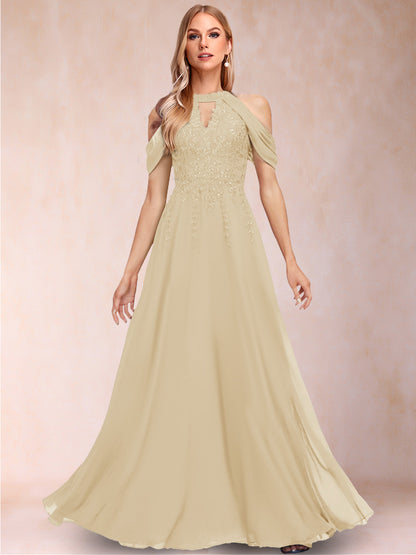 A-Line/Princess Cold Shoulder Short Sleeves Mother of the Bride Dresses with Applique