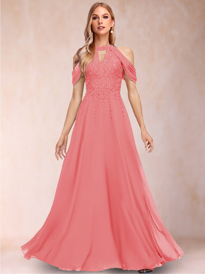 A-Line/Princess Cold Shoulder Short Sleeves Mother of the Bride Dresses with Applique