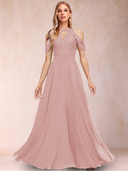 A-Line/Princess Cold Shoulder Short Sleeves Mother of the Bride Dresses with Applique