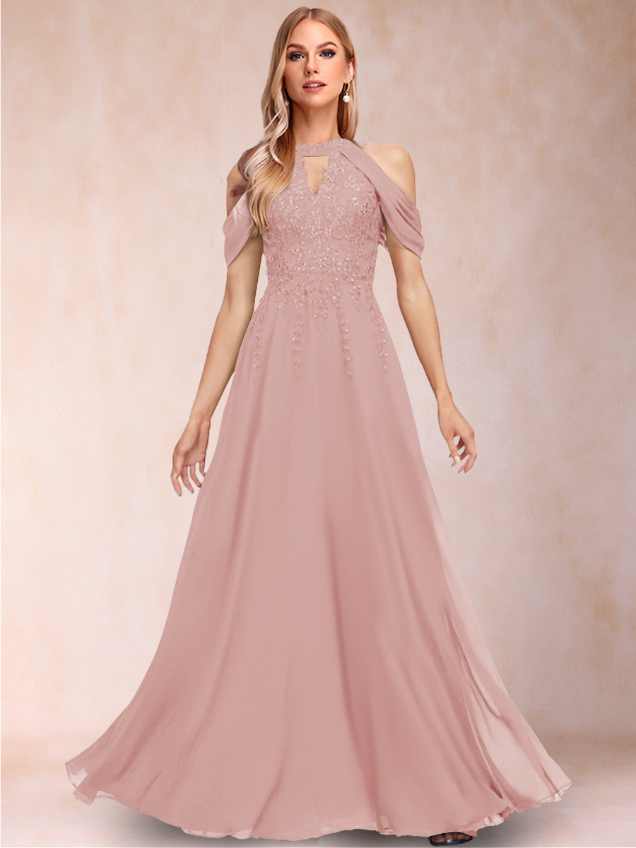 A-Line/Princess Cold Shoulder Short Sleeves Mother of the Bride Dresses with Applique