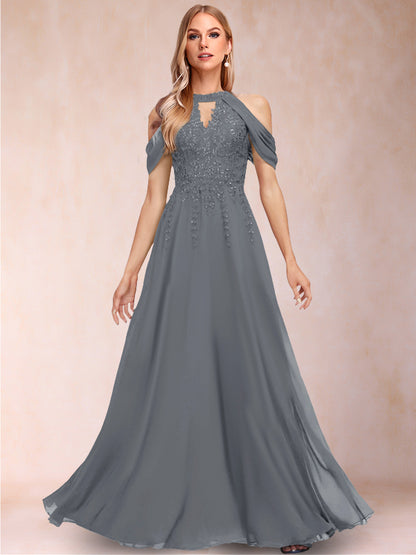 A-Line/Princess Cold Shoulder Short Sleeves Mother of the Bride Dresses with Applique